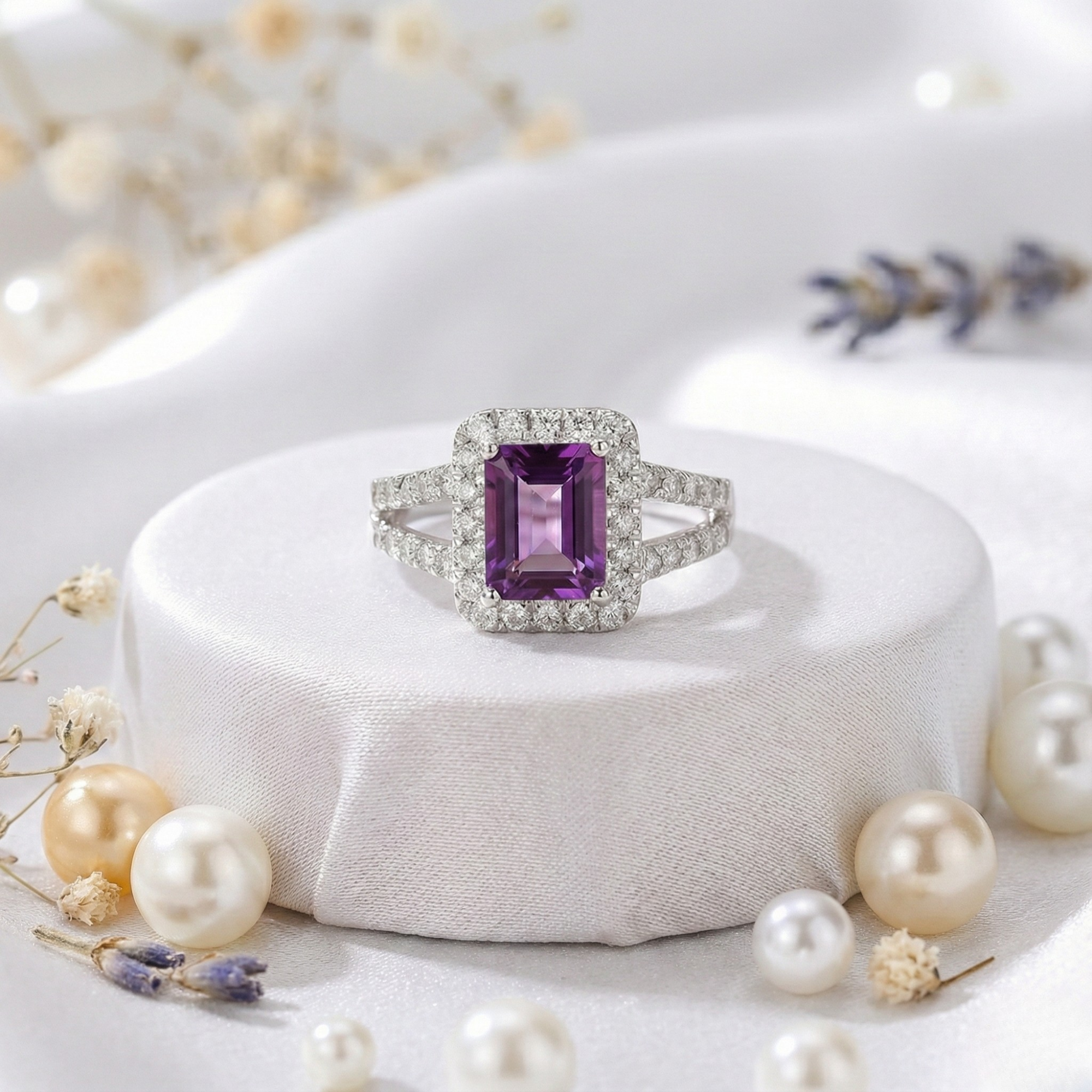 Natural Amethyst Octagon Halo Ring