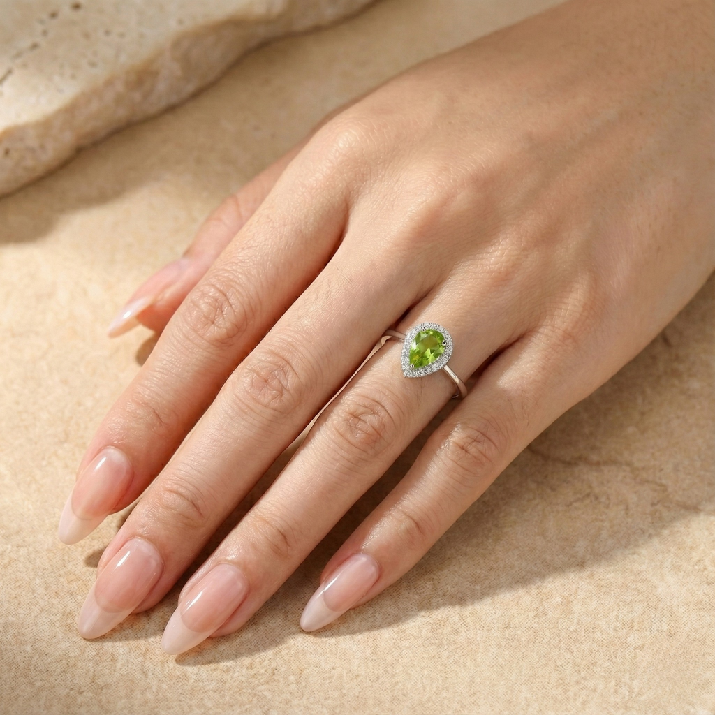 Natural Green Peridot Teardrop Halo Ring