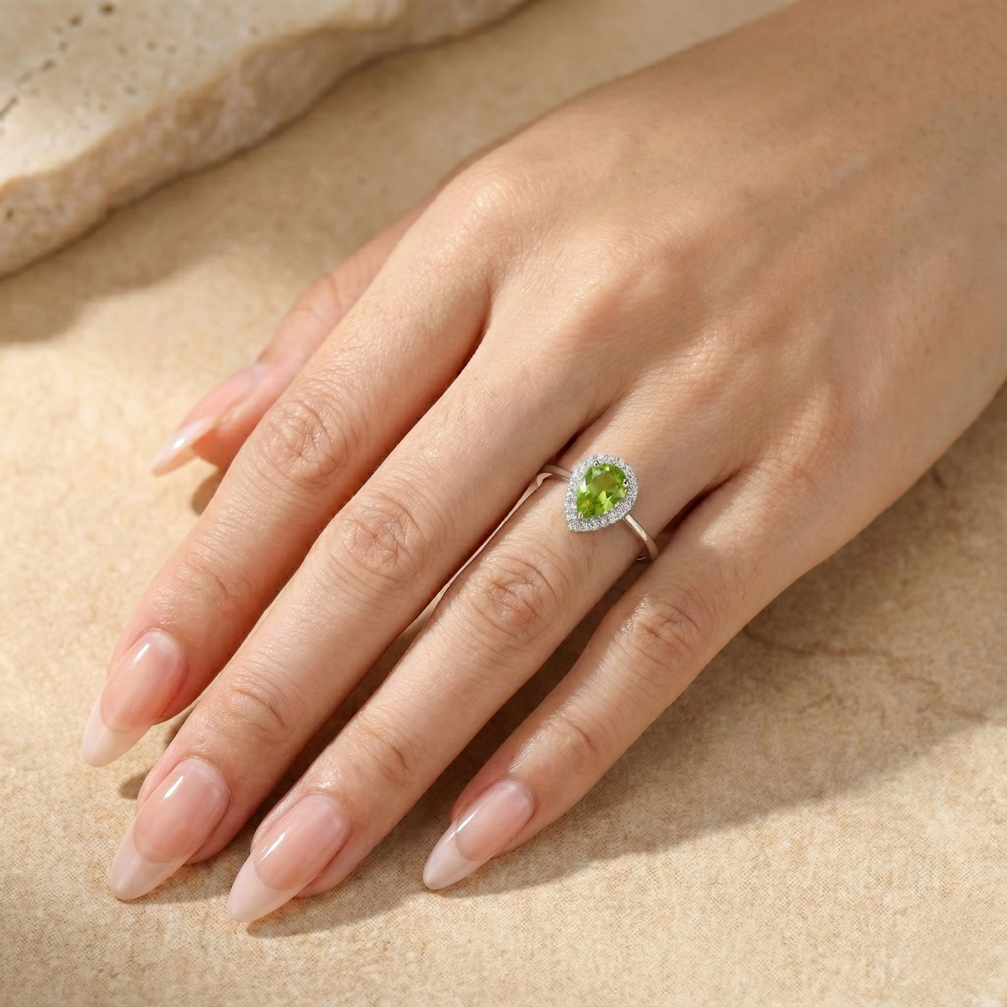 Natural Green Peridot Teardrop Halo Ring