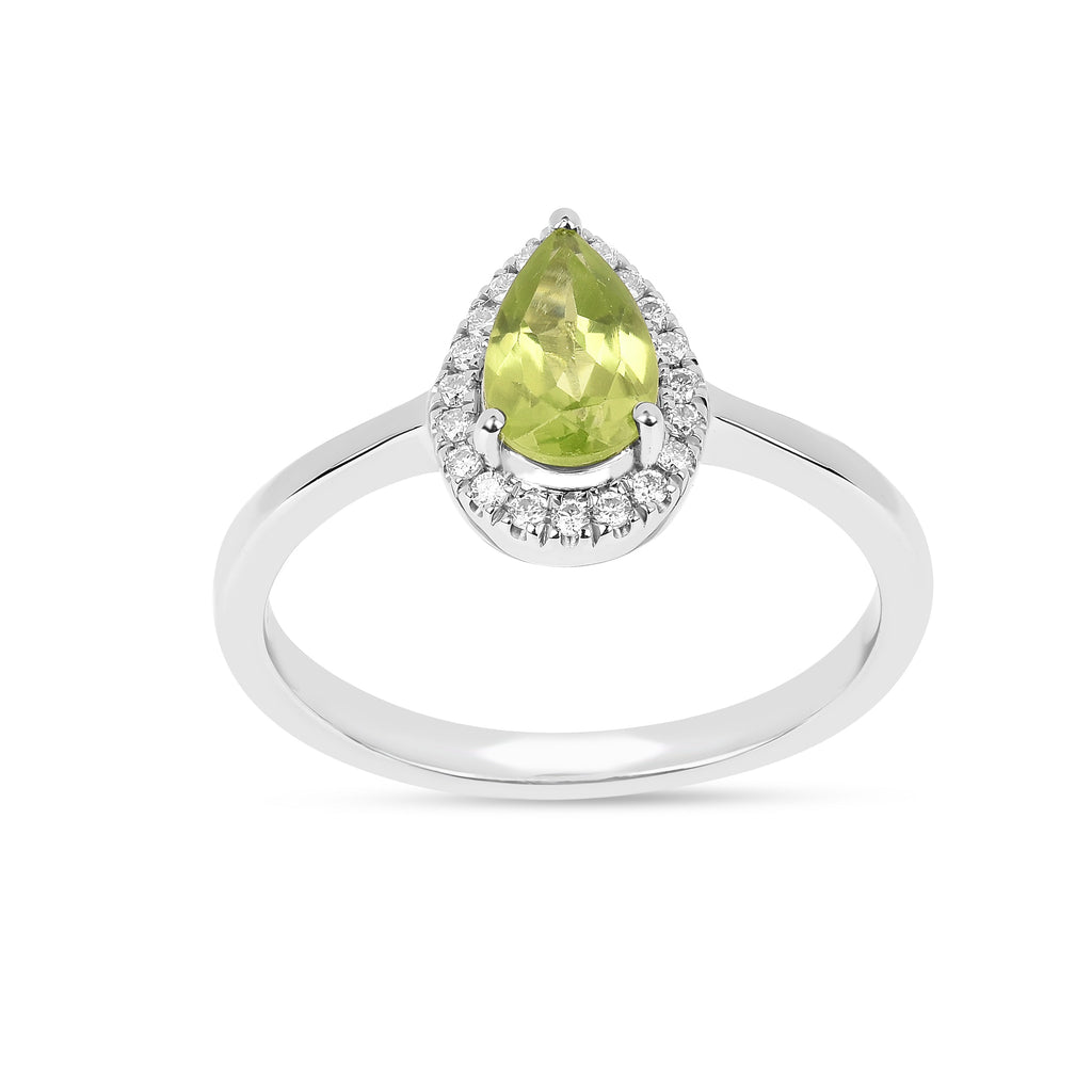 Natural Green Peridot Teardrop Halo Ring