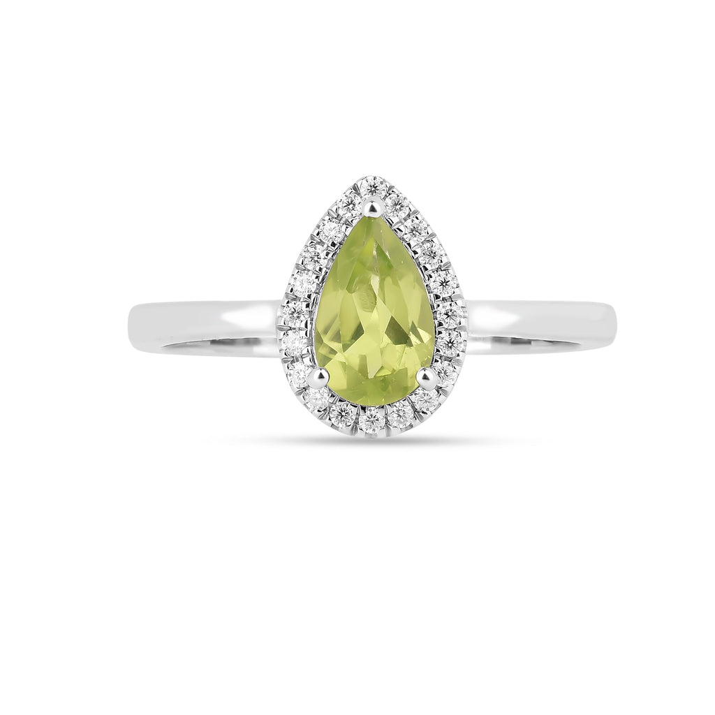 Natural Green Peridot Teardrop Halo Ring