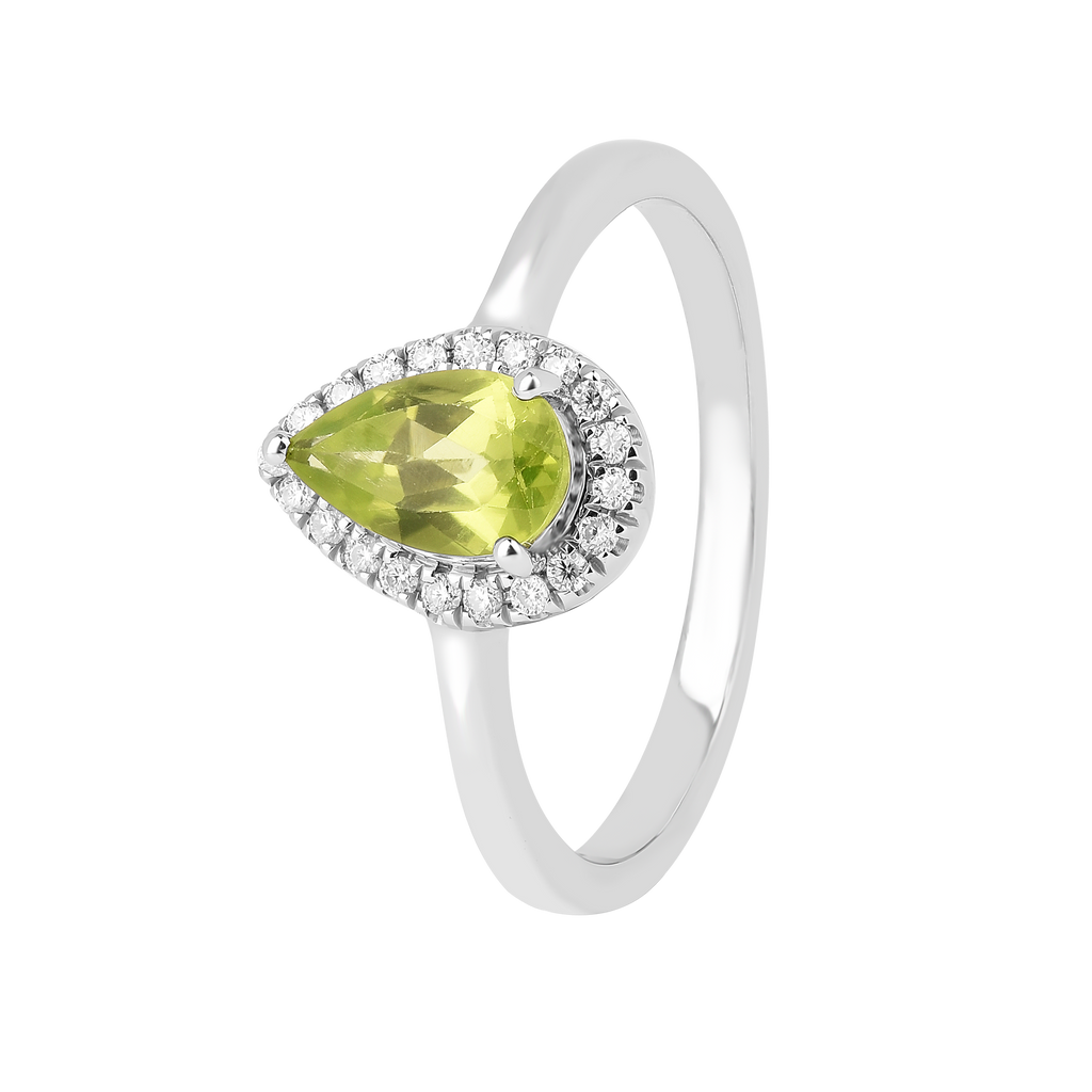 Natural Green Peridot Teardrop Halo Ring