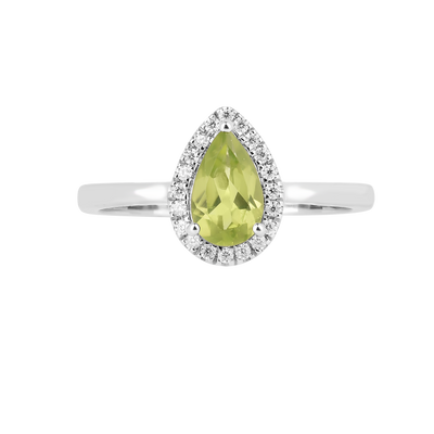 Natural Green Peridot Teardrop Halo Ring