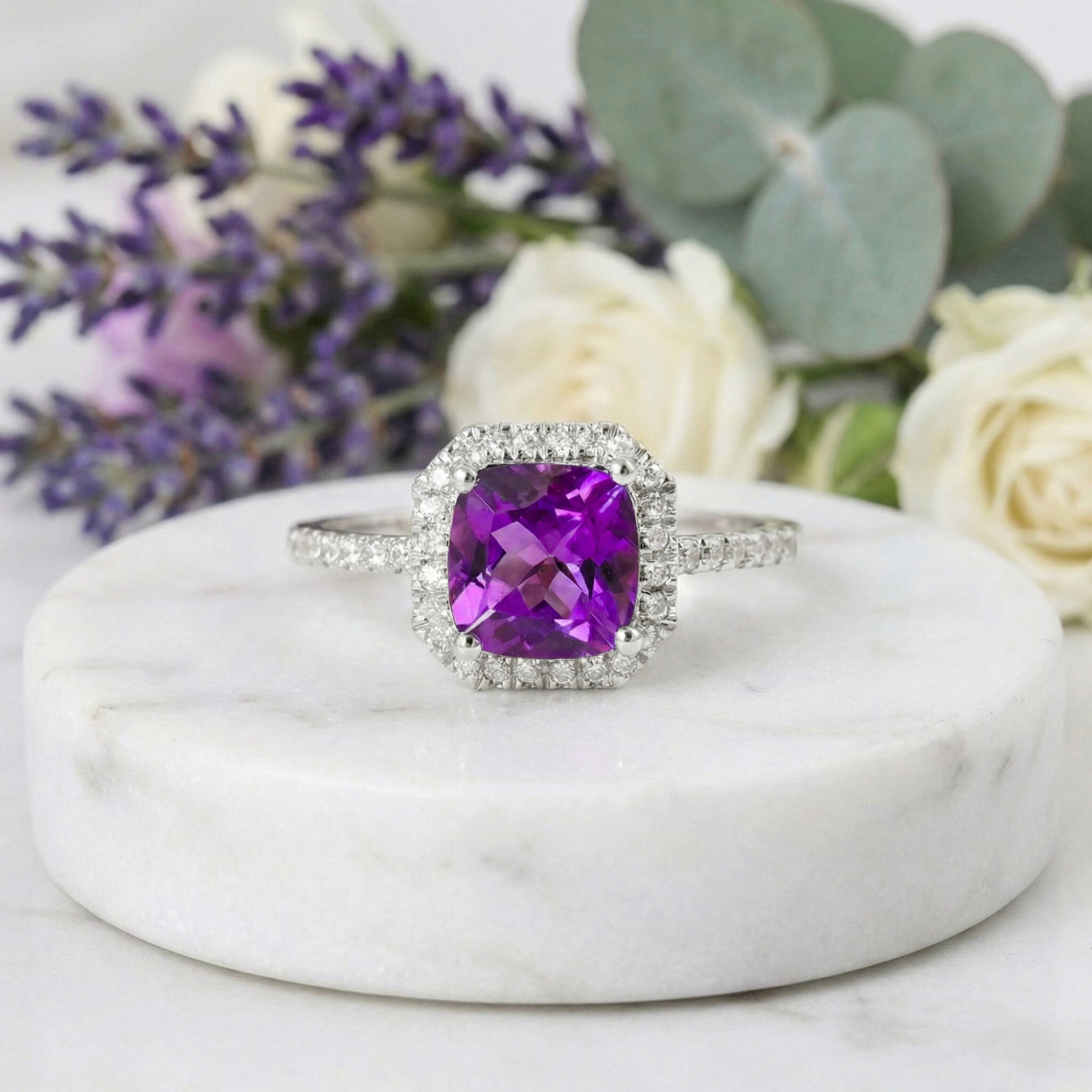 Natural Amethyst Cushion Halo Ring