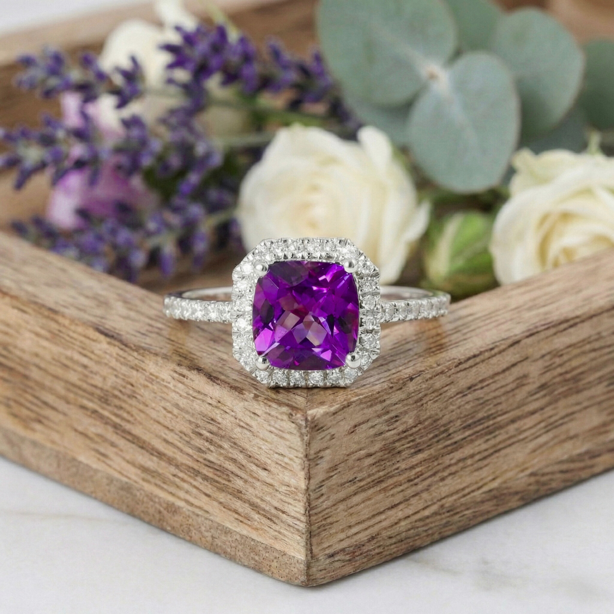 Natural Amethyst Cushion Halo Ring