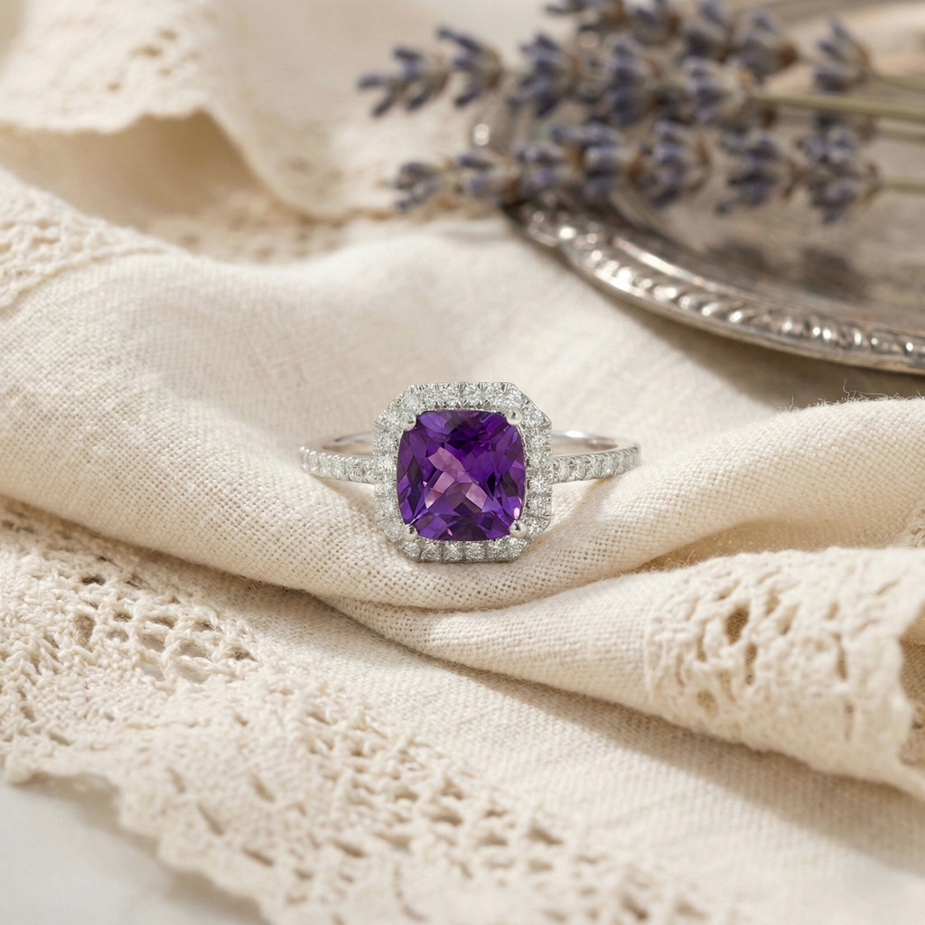 Natural Amethyst Cushion Halo Ring