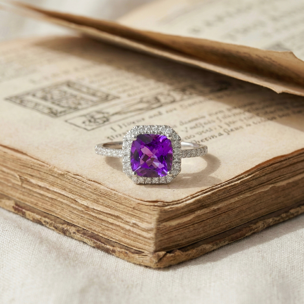 Natural Amethyst Cushion Halo Ring