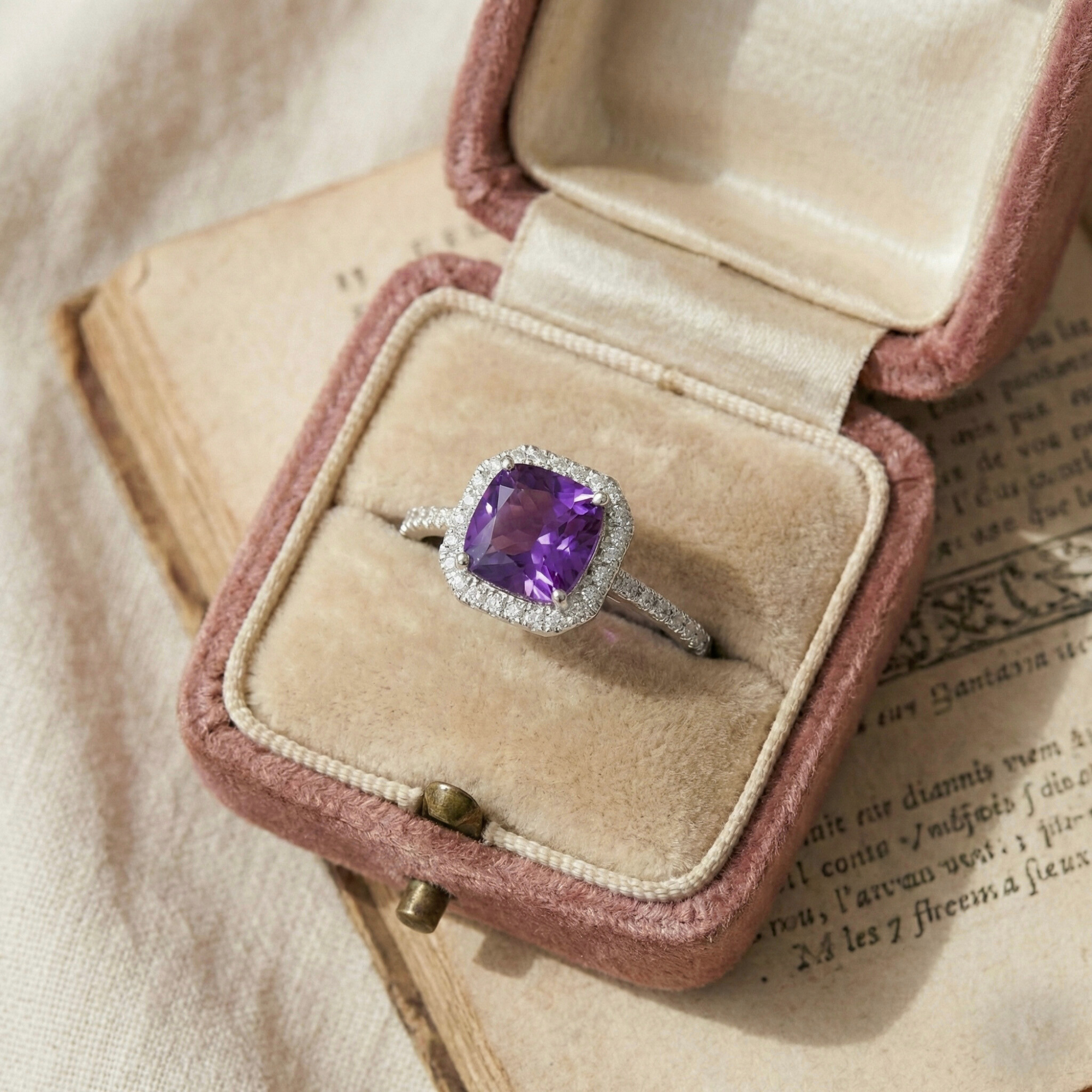 Natural Amethyst Cushion Halo Ring