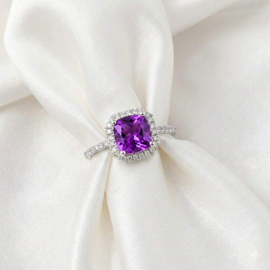 Natural Amethyst Cushion Halo Ring