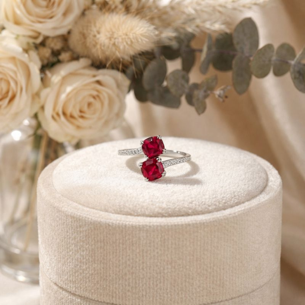 Lab Grown Ruby Bypass Dual Stone Ring