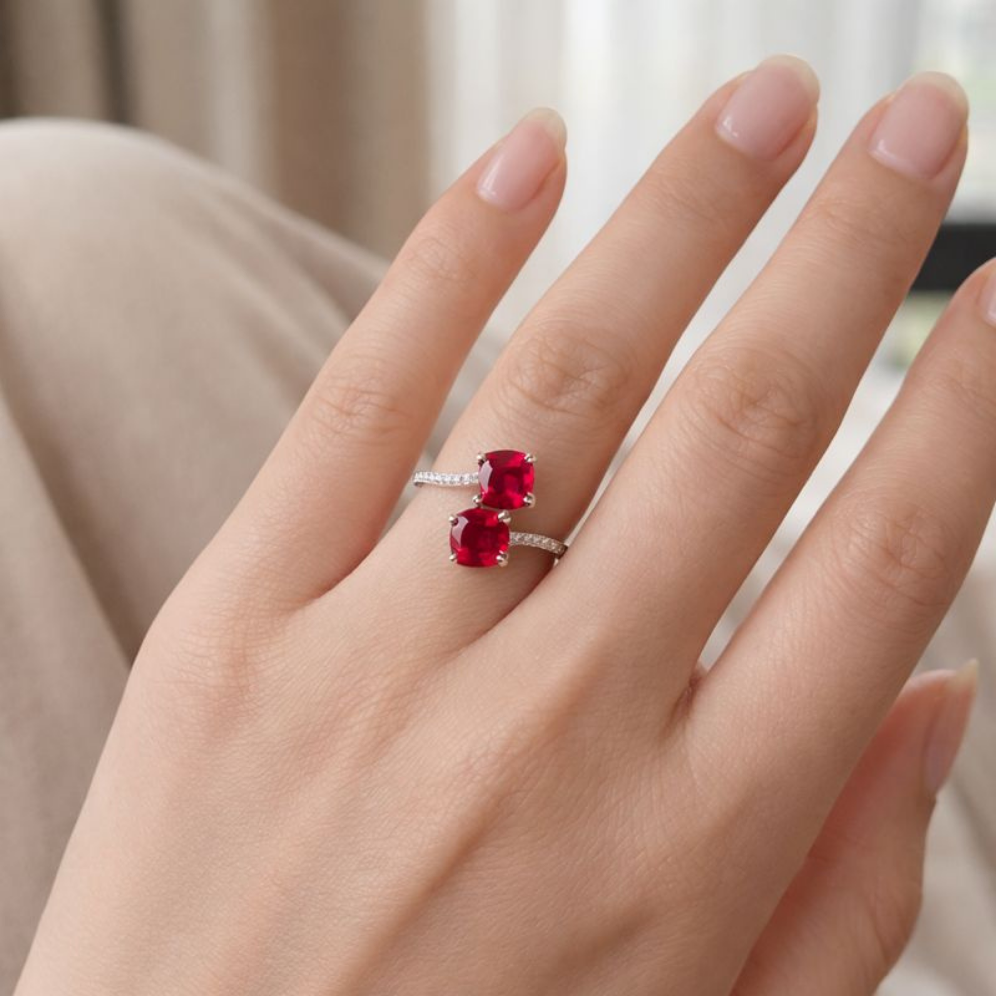 Lab Grown Ruby Bypass Dual Stone Ring