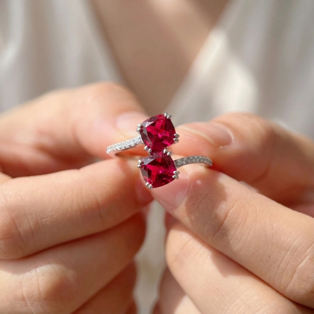 Lab Grown Ruby Bypass Dual Stone Ring