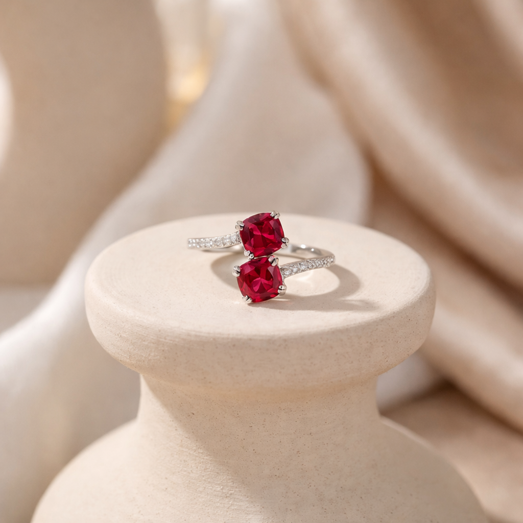 Lab Grown Ruby Bypass Dual Stone Ring