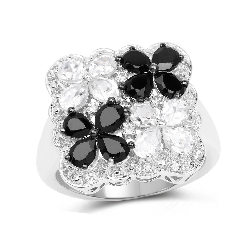 Black Spinel White Topaz Floral Ring