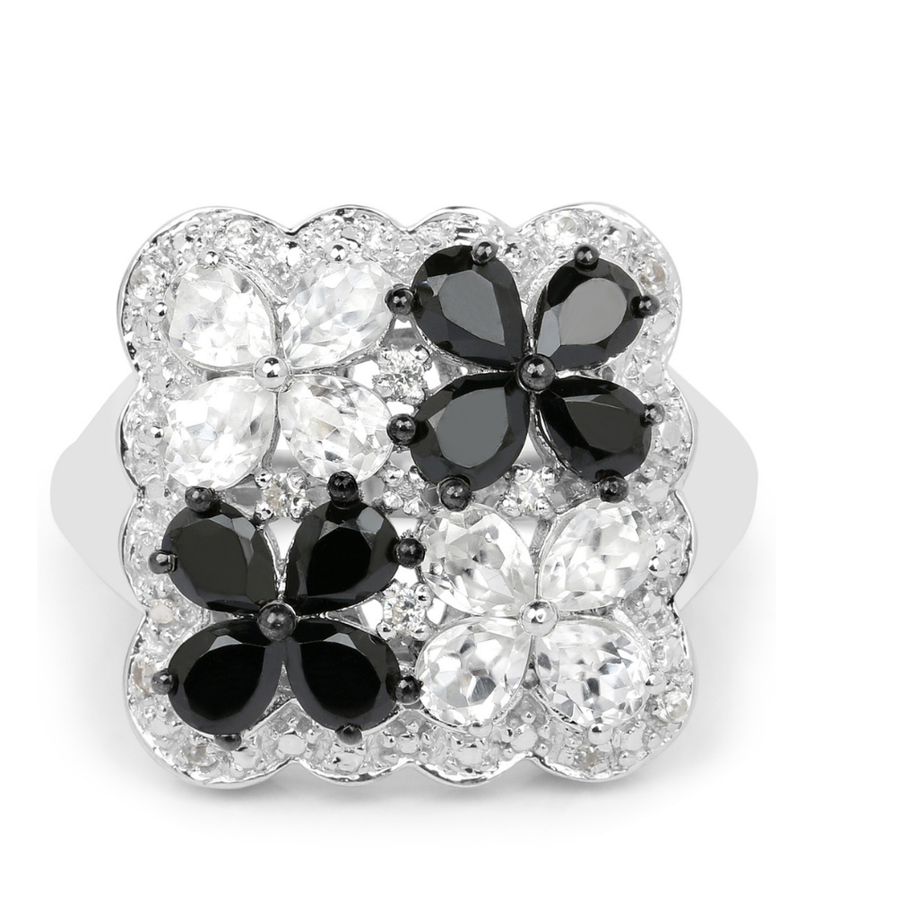 Black Spinel White Topaz Floral Ring