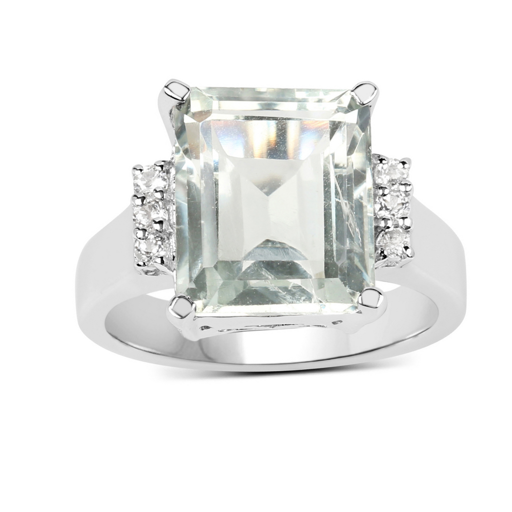Green Amethyst and White Topaz Solitaire Sterling Silver Ring