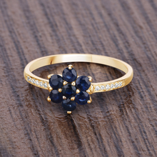 Load image into Gallery viewer, 10K Yellow Gold Blue Sapphire Floral Ring with White Diamonds