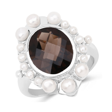Load image into Gallery viewer, Smoky Quartz and Pearl Silver Halo Ring