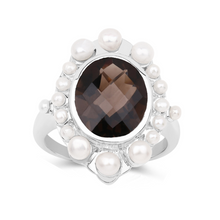 Load image into Gallery viewer, Smoky Quartz and Pearl Silver Halo Ring