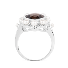 Load image into Gallery viewer, Smoky Quartz and Pearl Silver Halo Ring