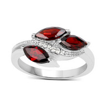 Load image into Gallery viewer, Garnet and White Topaz Three Stone Leaf Ring