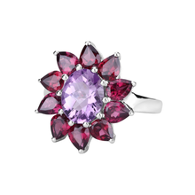 Load image into Gallery viewer, Natural Amethyst and Rhodolite Floral Ring