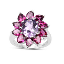 Load image into Gallery viewer, Natural Amethyst and Rhodolite Floral Ring