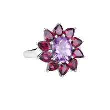 Load image into Gallery viewer, Natural Amethyst and Rhodolite Floral Ring