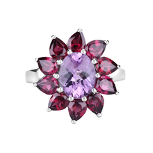 Load image into Gallery viewer, Natural Amethyst and Rhodolite Floral Ring