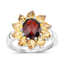 Load image into Gallery viewer, Natural Garnet and Citrine Sunflower Ring