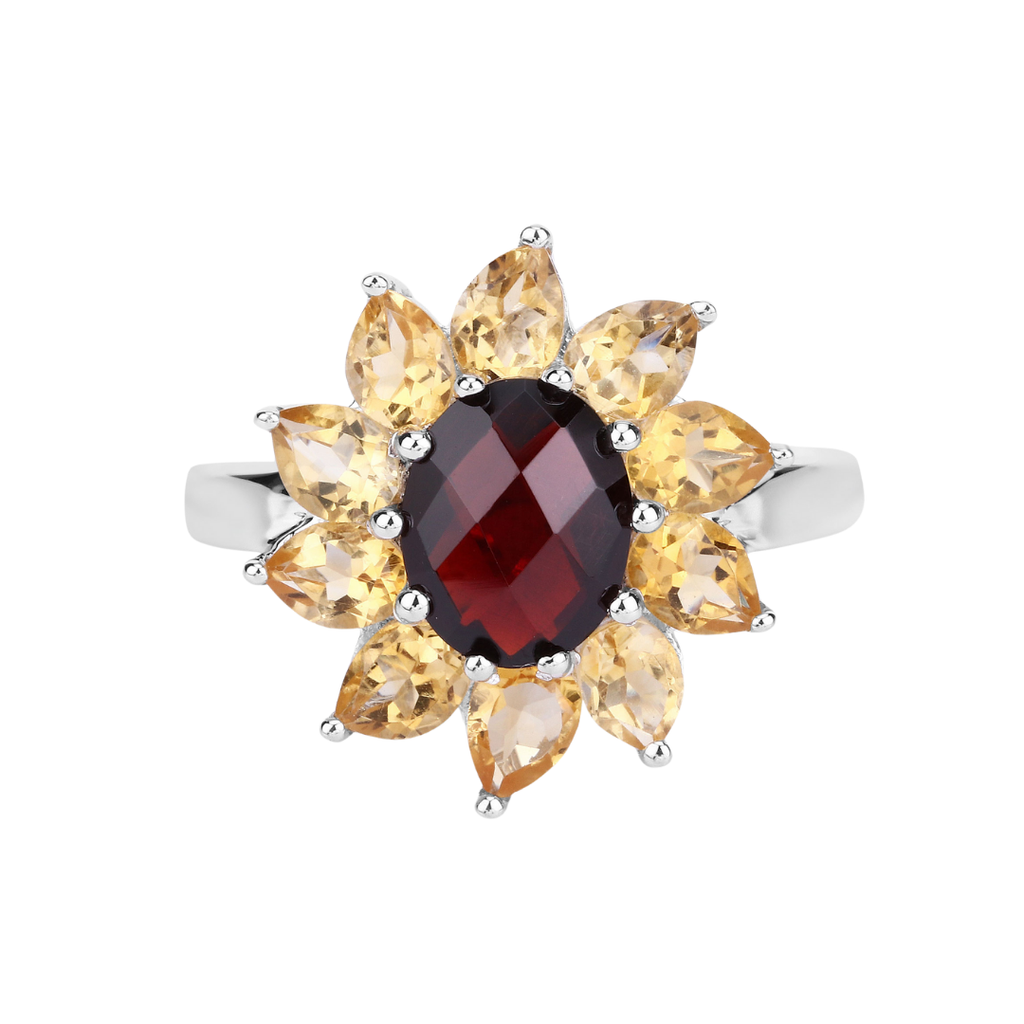 Natural Garnet and Citrine Sunflower Ring