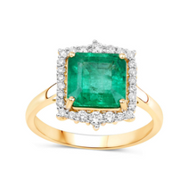 Load image into Gallery viewer, 14K Gold Natural Green Zambian Emerald Diamond Halo Ring
