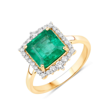 Load image into Gallery viewer, 14K Gold Natural Green Zambian Emerald Diamond Halo Ring