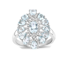 Load image into Gallery viewer, Genuine Aquamarine and White Topaz Cluster Ring