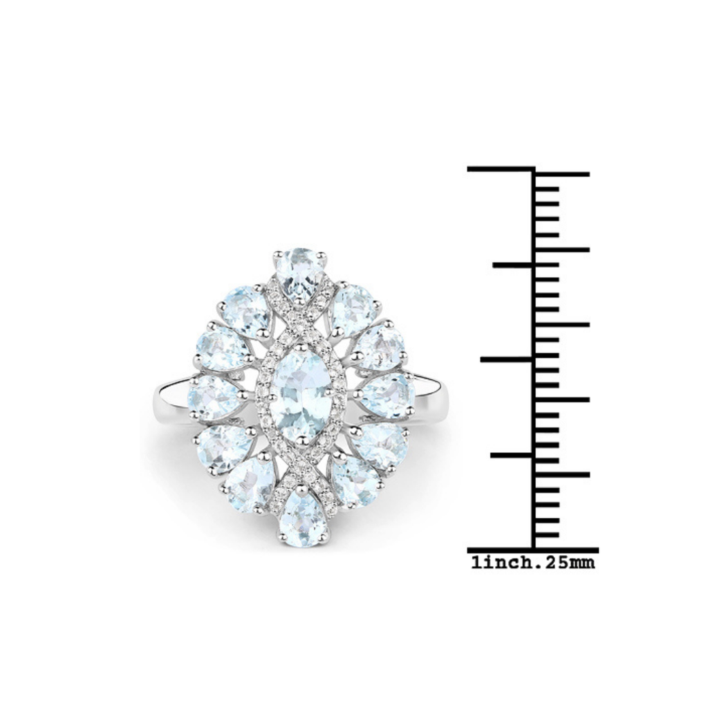 Genuine Aquamarine and White Topaz Cluster Ring