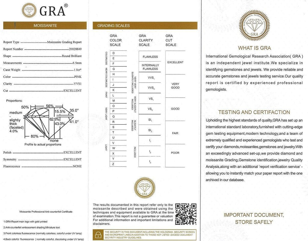 quality certification of Pink Moissanite Solitiare Necklace - FineColorJewels