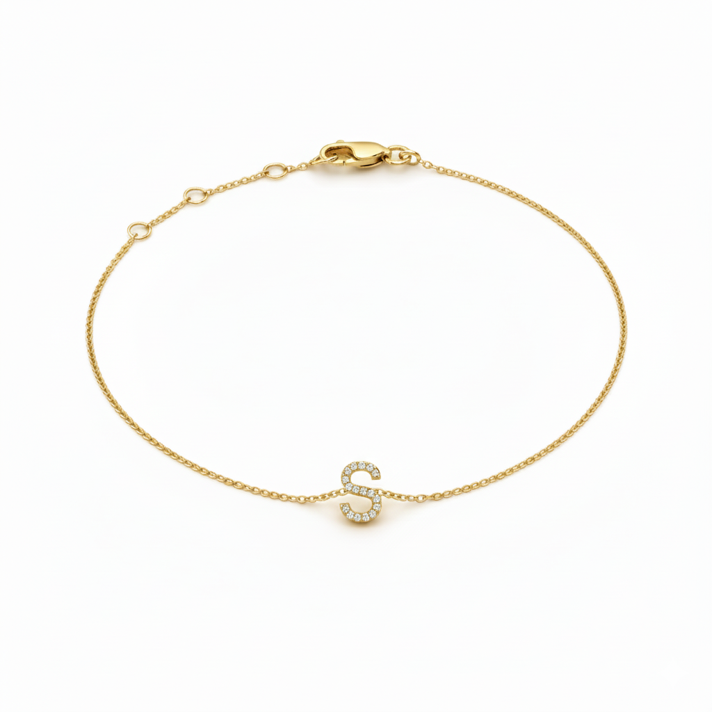 Mini Block Initial Diamond Bracelet Gold