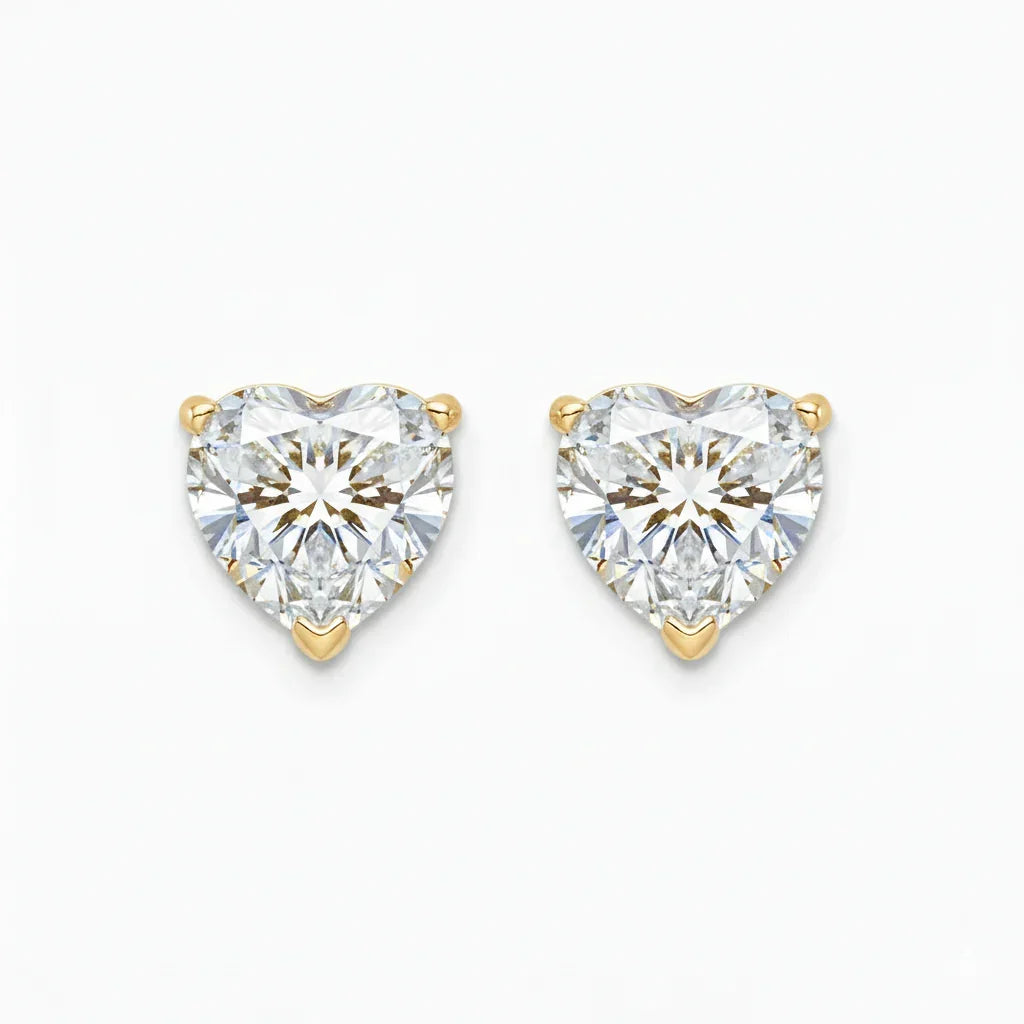 IGI Certified Heart Lab Grown Diamond Solitaire Stud Earrings Yellow Gold - Fine Diamond