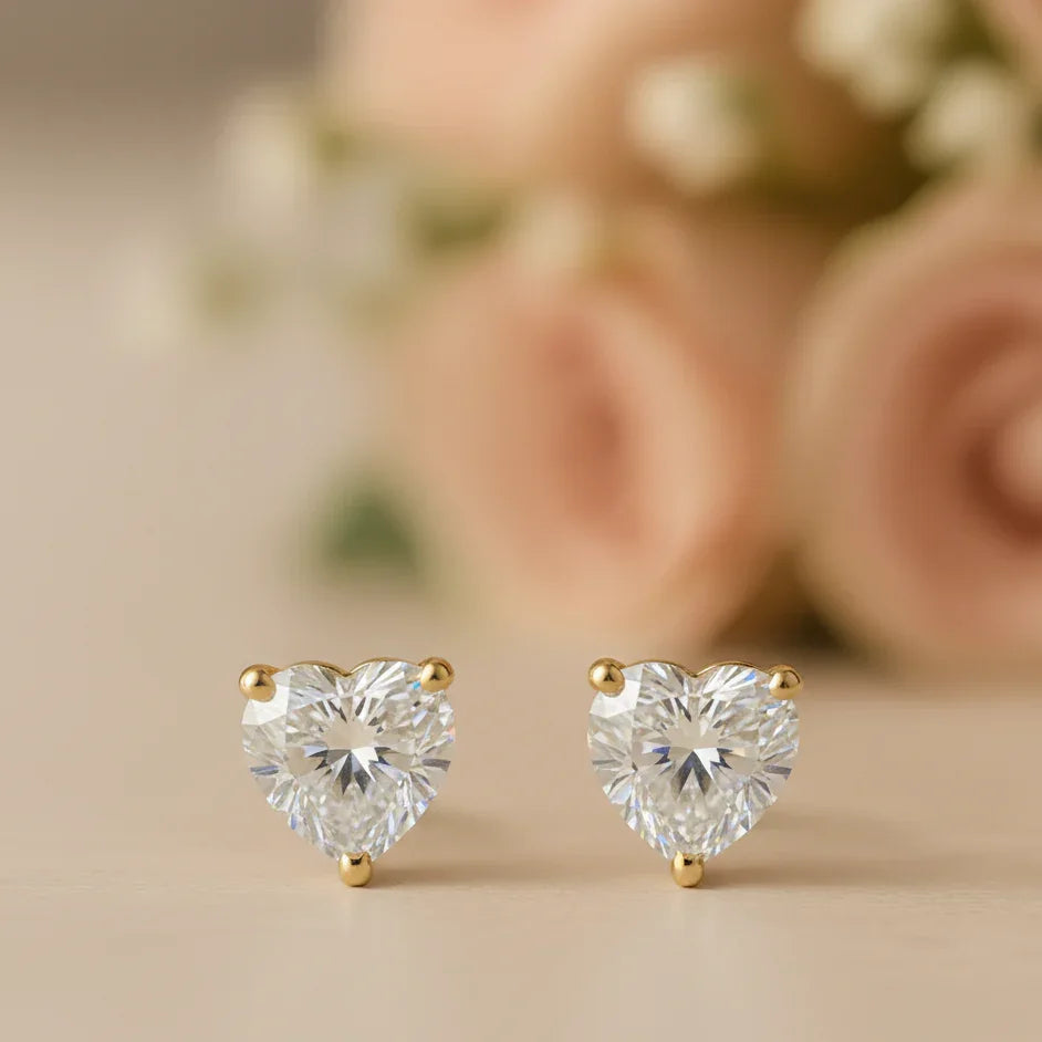 IGI Certified Heart Lab Grown Diamond Solitaire Stud Earrings Yellow Gold - Fine Diamond