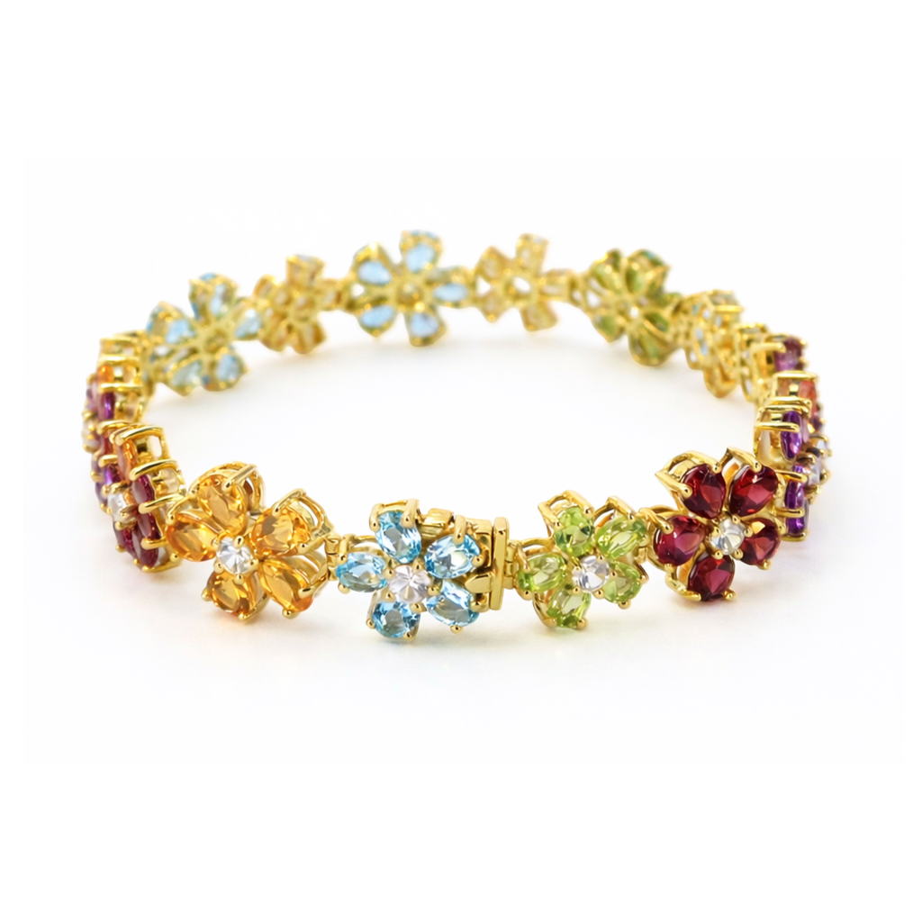 Multi Gemstone Floral Yellow Gold Over Silver Cluster 7.5 inch Bracelet