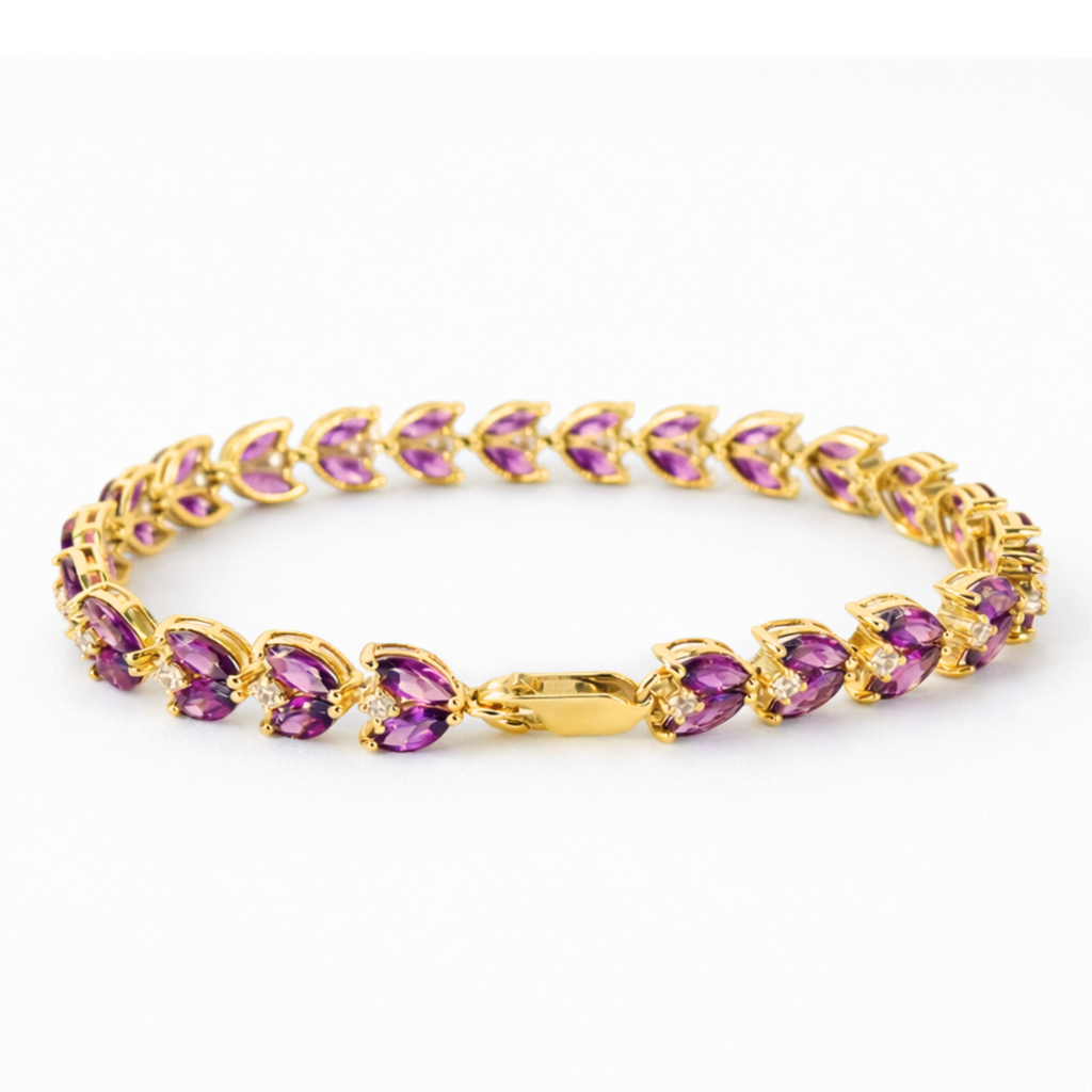 Natural Rhodolite Garnet Yellow Gold Over Silver Leaf Bracelet 7 inches
