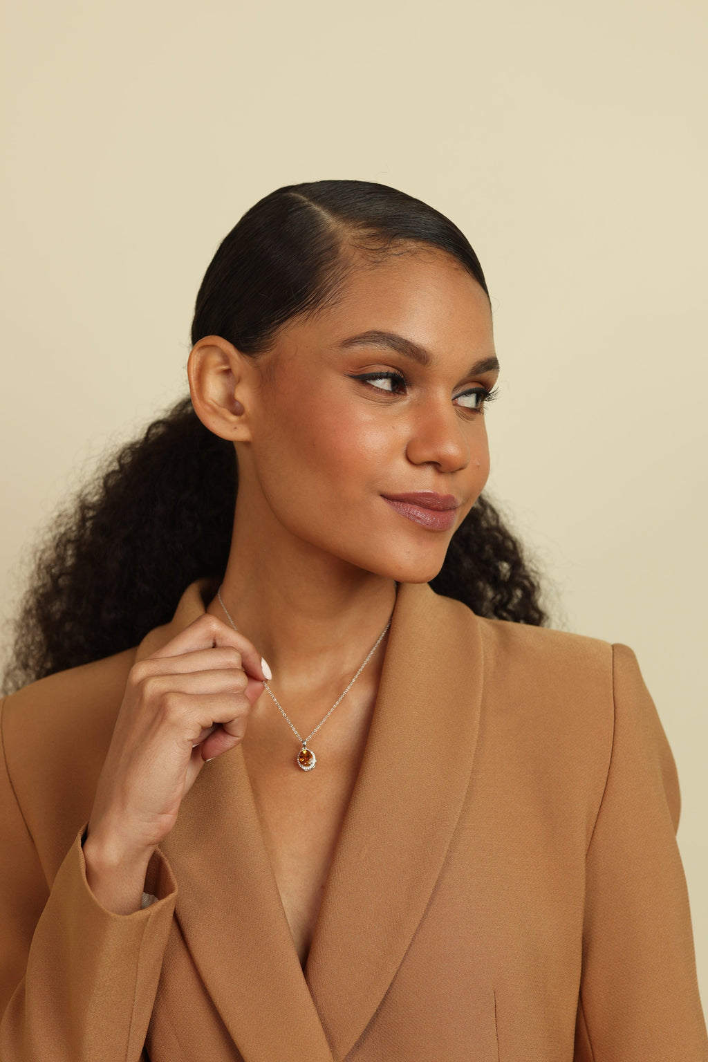 model showcasing Citrine Halo Pendant Silver Chain Golden GemstoneNatural Citrine Pendant Necklace - FineColorJewels