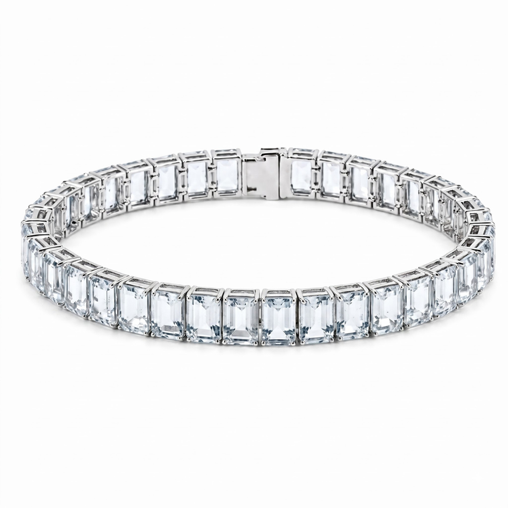 Natural Emerald Cut Blue Aquamarine Tennis Bracelet Silver