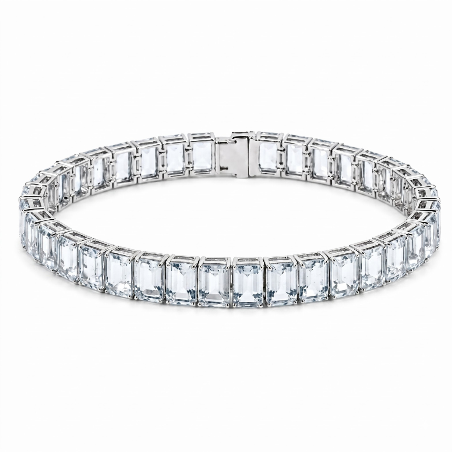 Natural Emerald Cut Blue Aquamarine Tennis Bracelet Silver