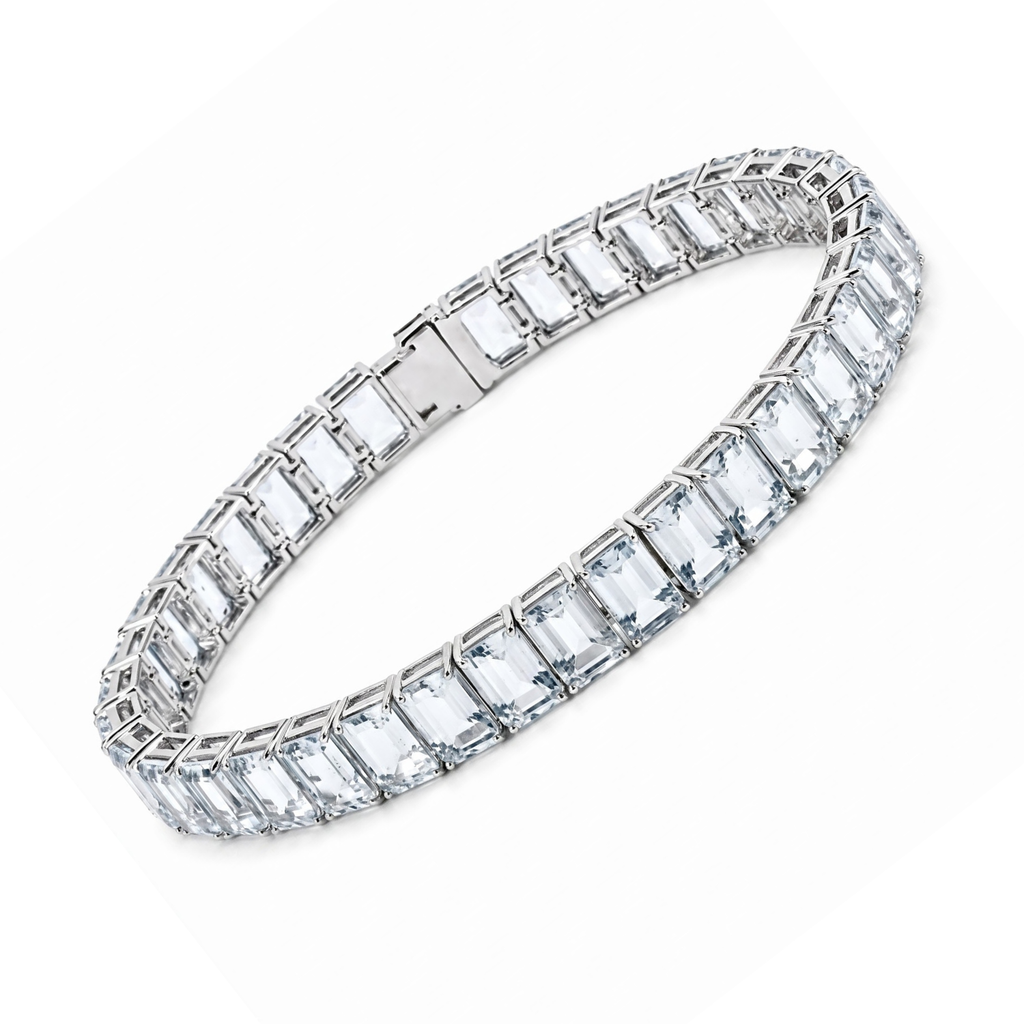 Natural Emerald Cut Blue Aquamarine Tennis Bracelet Silver