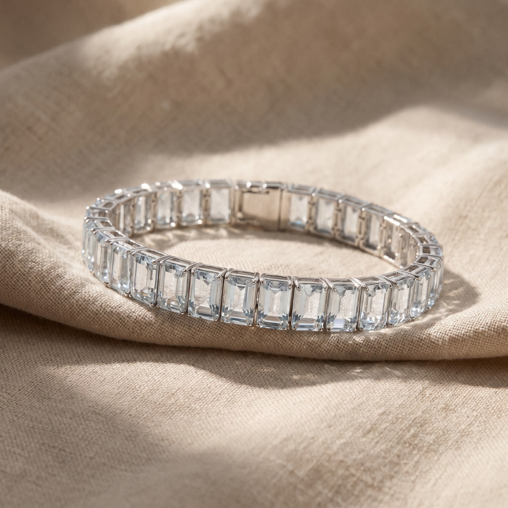 Natural Emerald Cut Blue Aquamarine Tennis Bracelet Silver