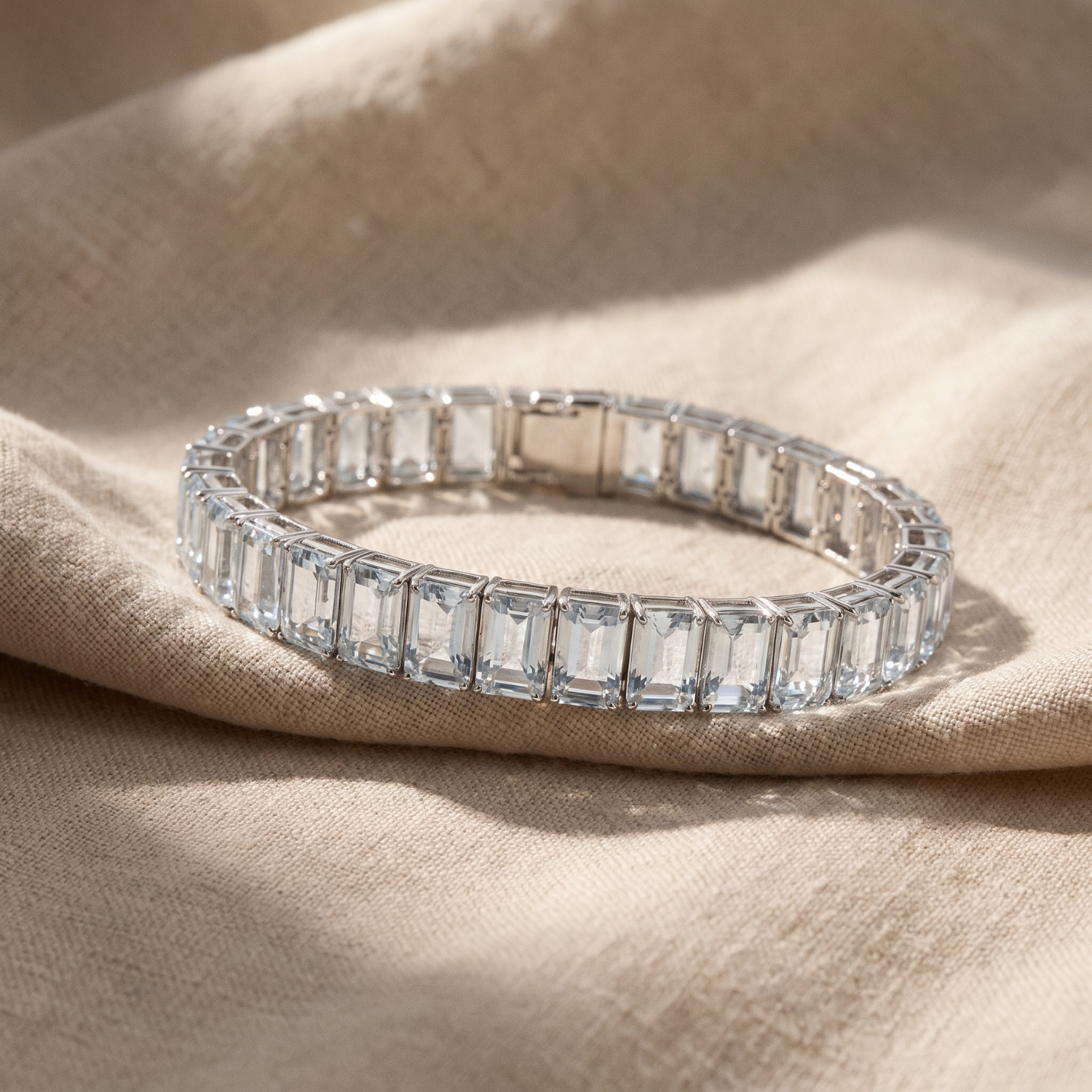 Natural Emerald Cut Blue Aquamarine Tennis Bracelet Silver