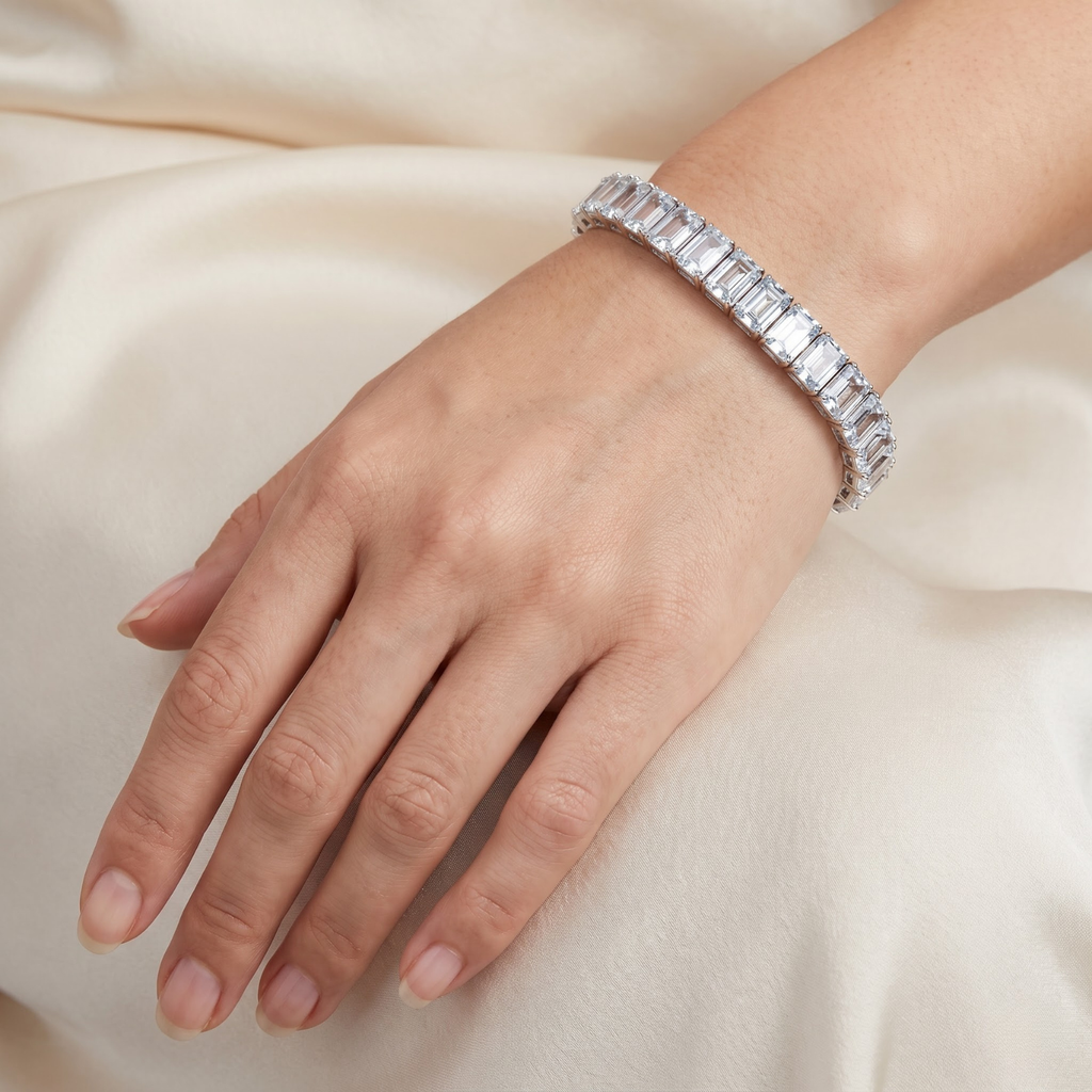 Natural Emerald Cut Blue Aquamarine Tennis Bracelet Silver