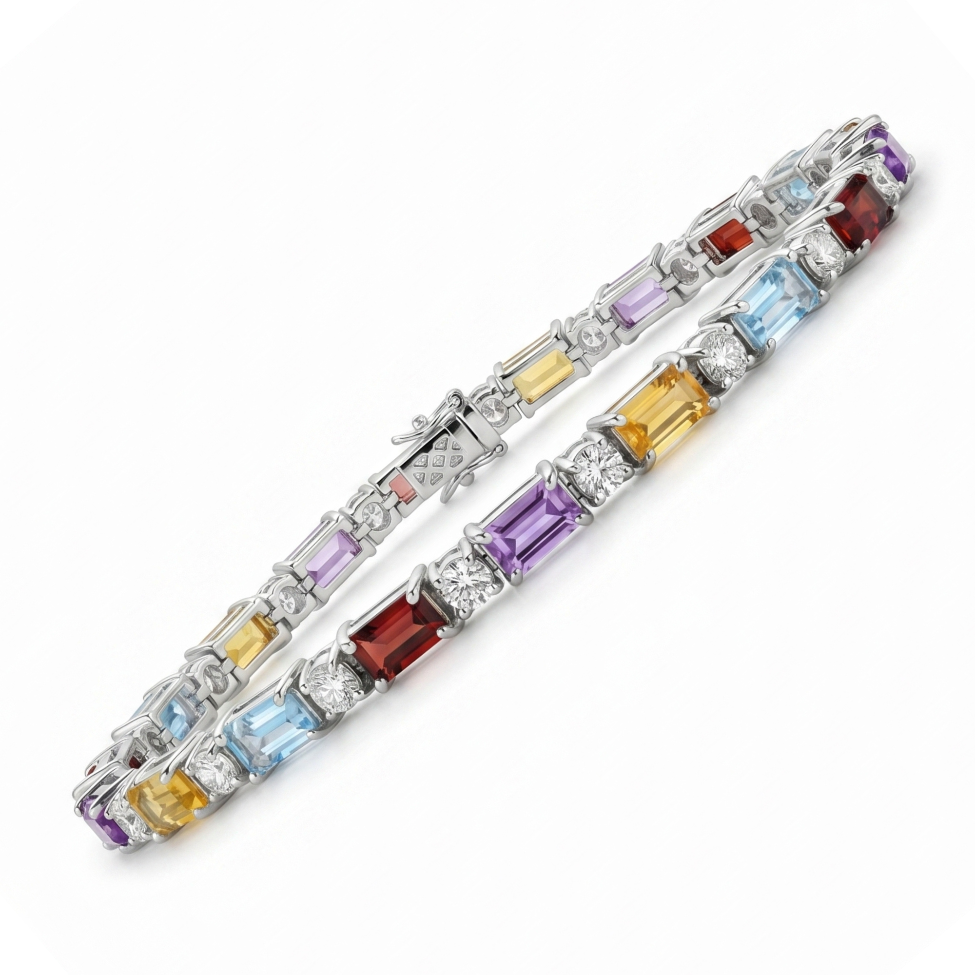 Natural Multi Gemstone Rainbow Silver Bracelet 8 inches