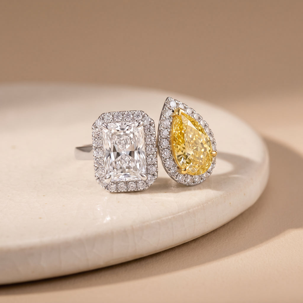 3Cttw Radiant Shaped Lab Grown Diamond (F/VVS) Toi et Moi Fashion Engagement Ring in 14K Gold